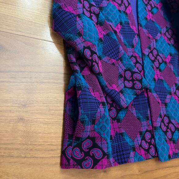 Vintage Sweater Blazer Size 12 70s 80s Funky Paisley Diamond Open Front Jacket - Picture 5 of 14